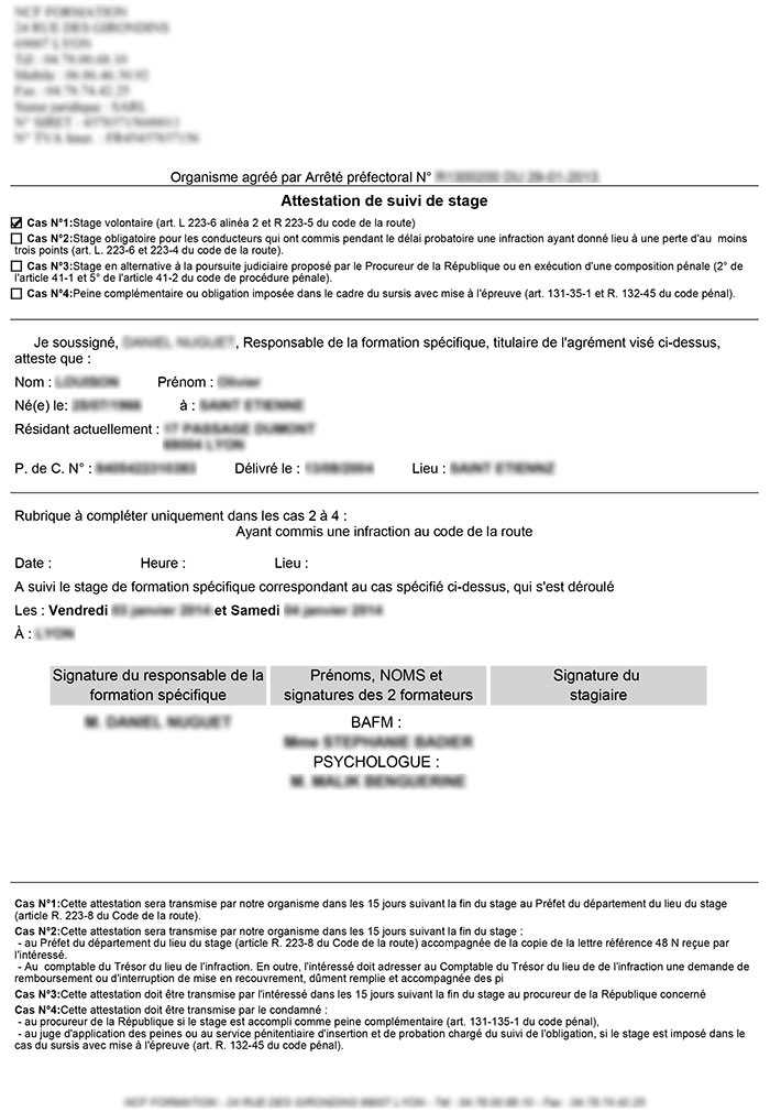 Attestation de suivi de stage